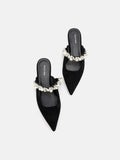 PAZZION, Camila Pearl and Crystal Embellished Strap Suede Mules, Black