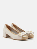 PAZZION, Leanna Leather Bow Low Block Heels, Almond