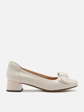 PAZZION, Lysandra Leather Bow Low Block Heels, Beige