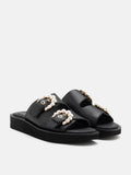 PAZZION, Maisie Double Pearl Buckle Slides, Black