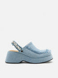 PAZZION, Tara Diamante Denim Platform Mules, Lightblue