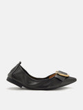 PAZZION, Vivienne Gold Buckled Pointed-Toe Flats, Black